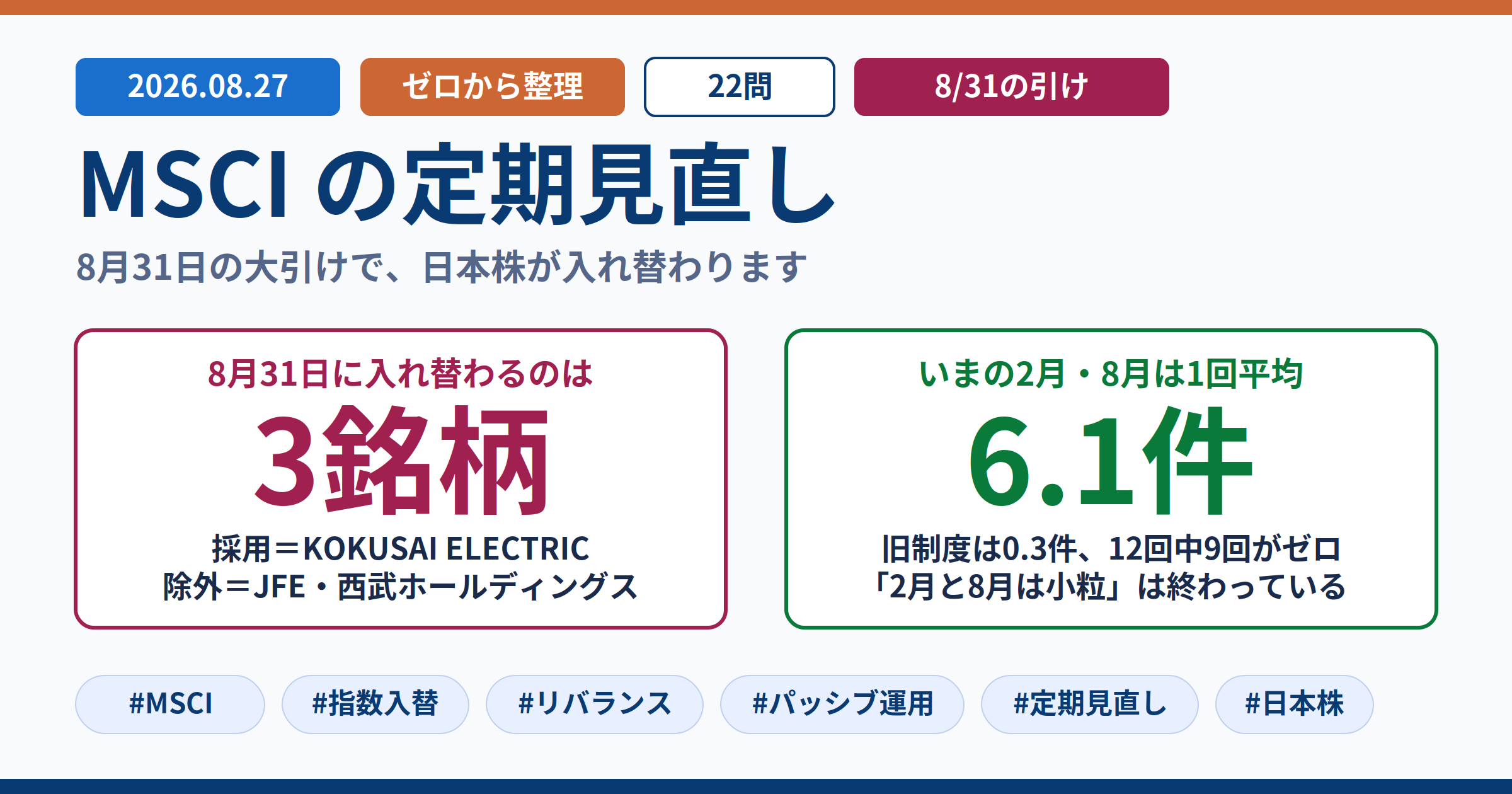MSCIの定期見直し 8月31日の大引けで日本株が入れ替わる