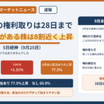 9月の配当の権利取りは28日まで、9月末に配当がある株は8割近く上昇。2026年9月25日、日経平均+1.30%、TOPIX+1.31%。権利付き最終日28日、権利落ち日29日、権利確定日30日